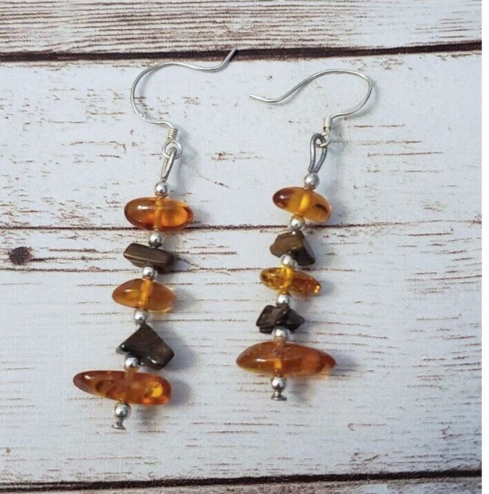 Vintage Earrings Amber & Tigers Eye - 925 Sterling Silver Hooks - Bent Hooks